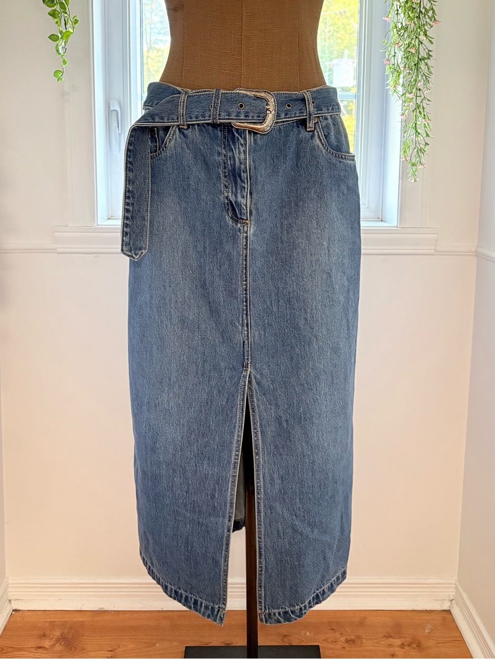 House of Harlow 1960 Blue Denim Midi Skirt with Belted Waist